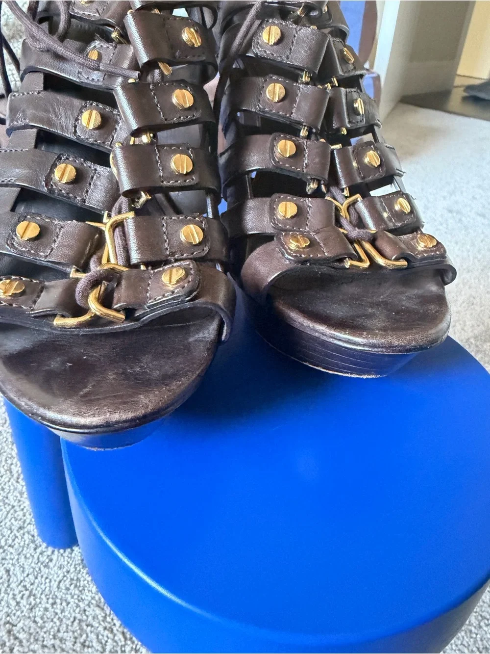 Tory Burch Dark Brown Strappy Gladiator Heels with Gold Accents